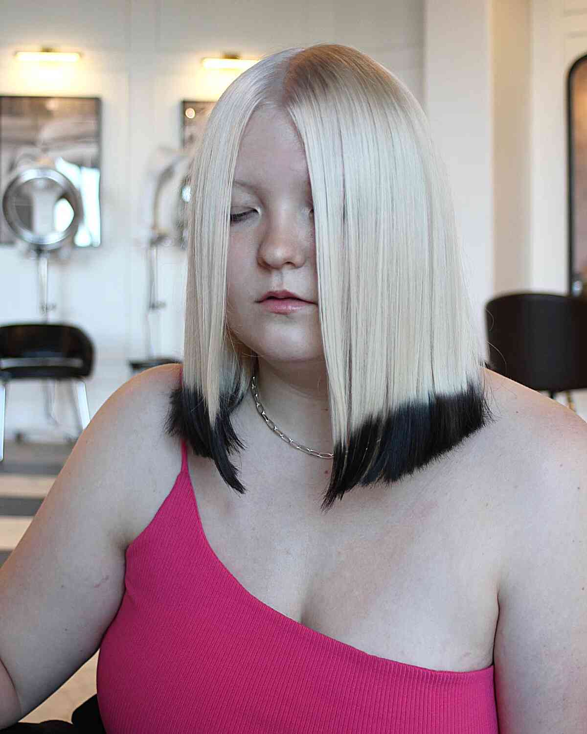 White Blunt Bob with Black Dip Dye Hair Color Idea