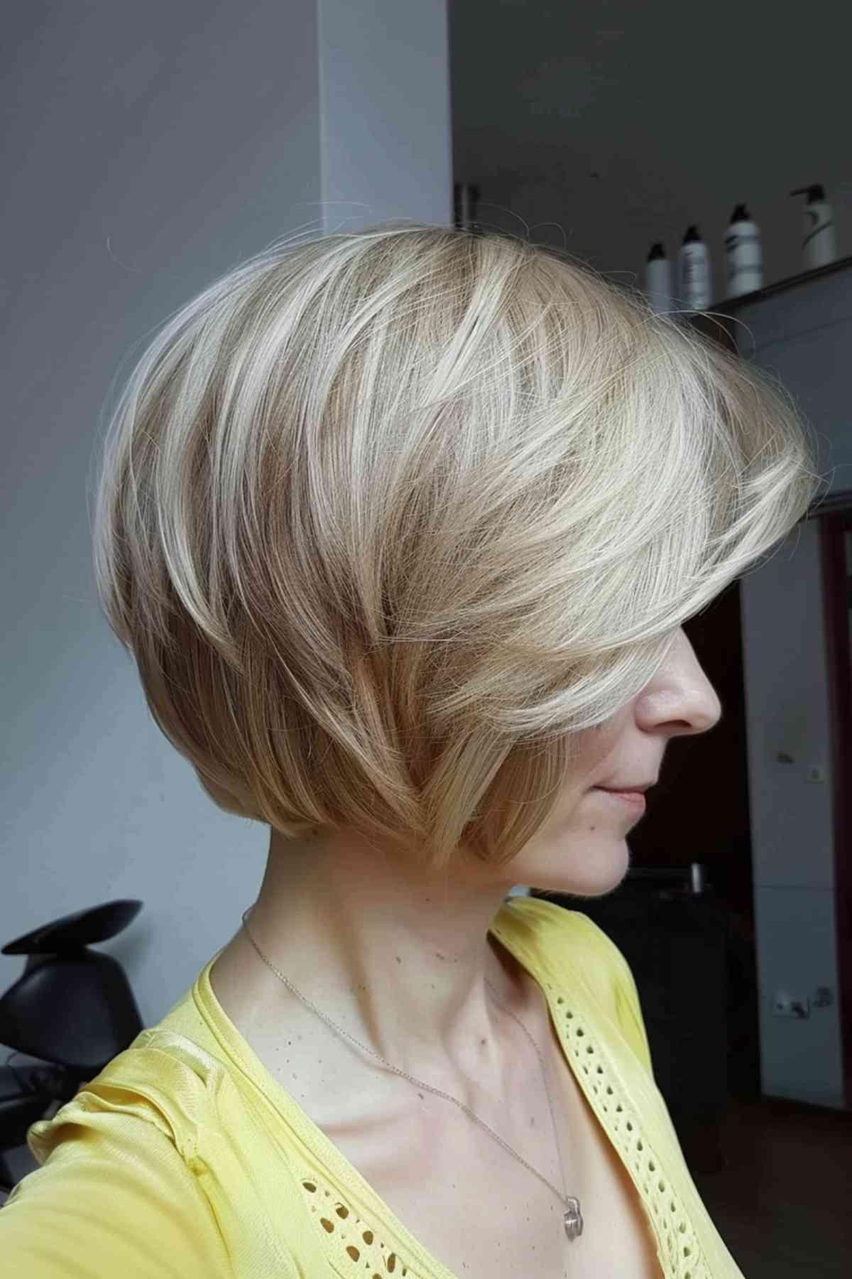 Wispy white-blonde bob haircut with layers for added volume and movement.