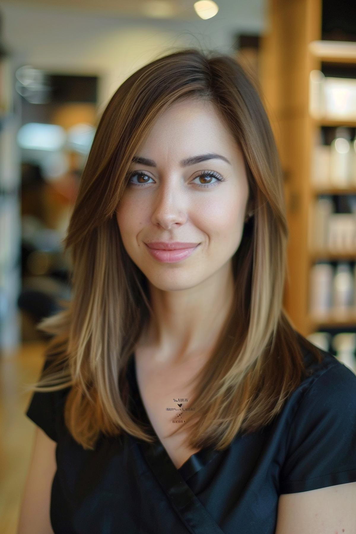 Woman with elegant medium brown layered hairstyle