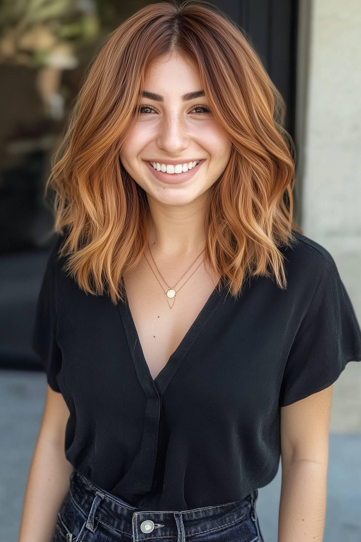 Woman with layered orange lob hairstyle with natural waves.