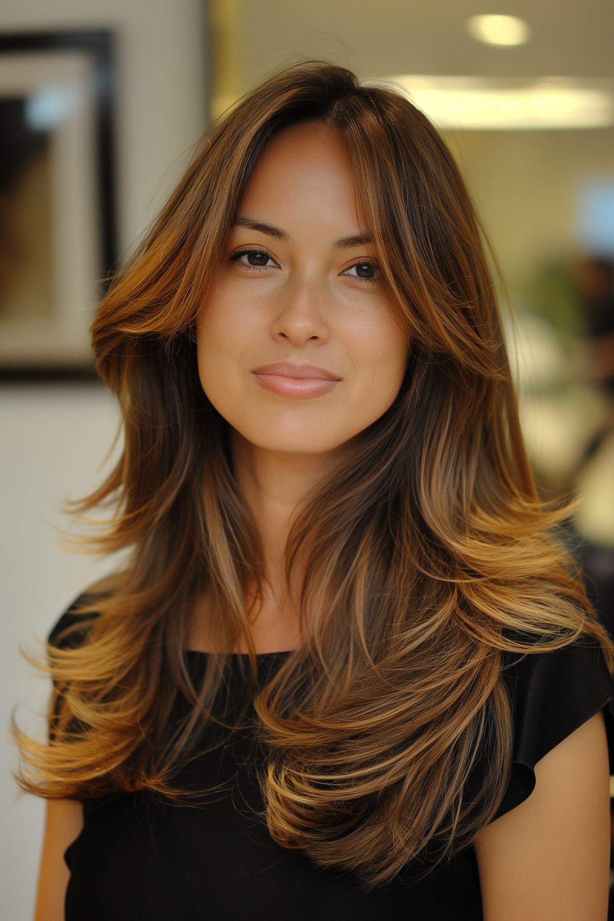 Woman with medium brown hair and caramel highlights