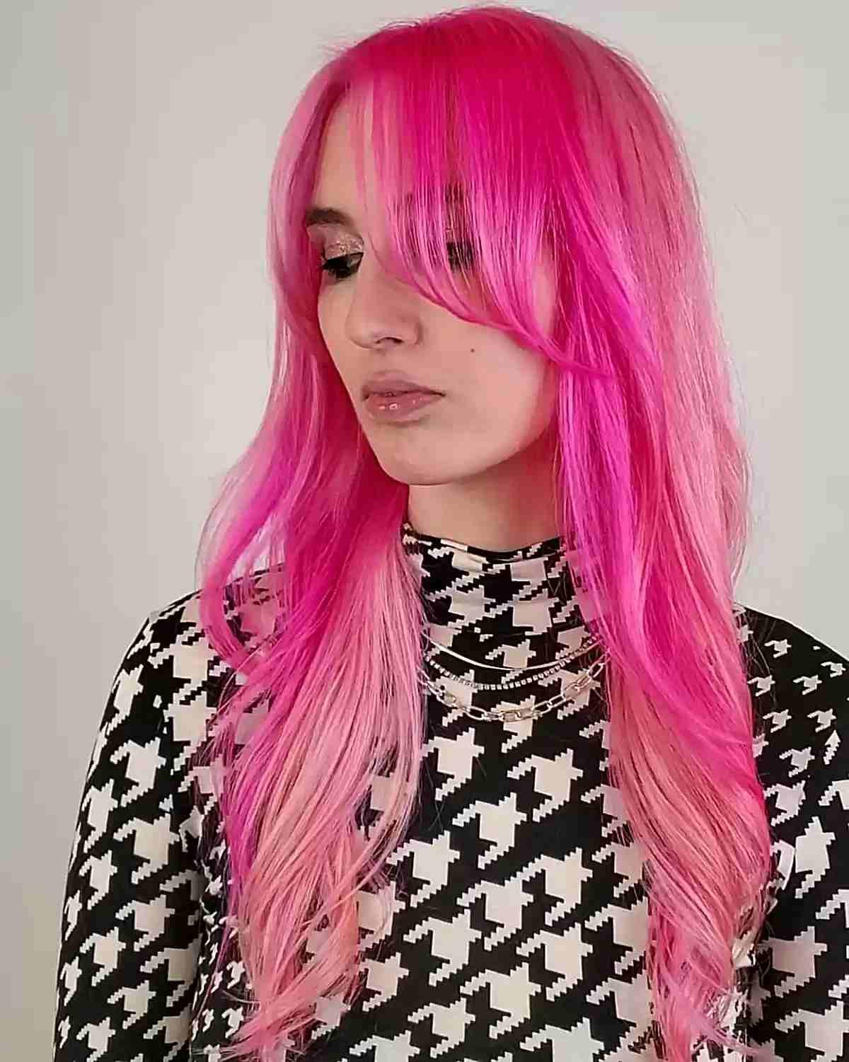 Y2k Long Bright Pink Hair with Long Bangs